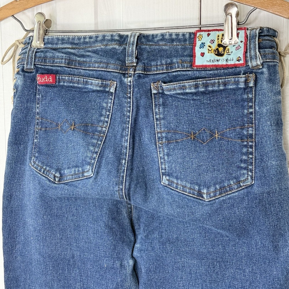 Vtg Y2K Mudd Lace Up Side Flare Jeans Size 16 Blue Dark Wash Boho Festival Bell - Picture 5 of 13